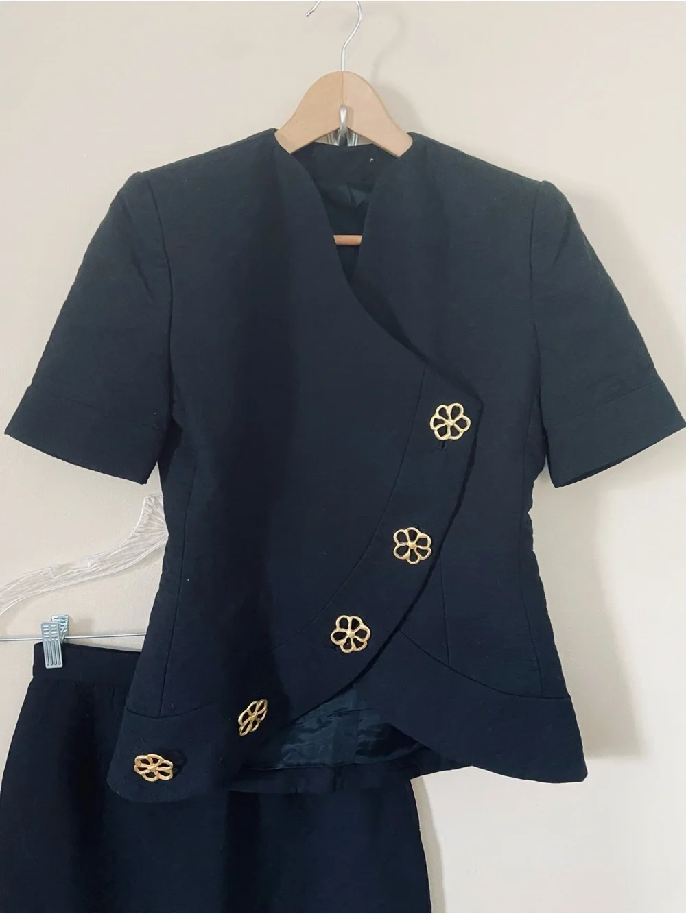Vintage Union Made Black Pencil Skirt Jacket Suit Gold Floral Button  80s 90s